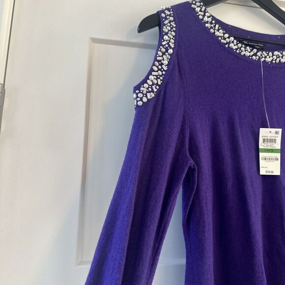 INC Concepts Jewel Cut Out Sweater L Purple Cashmere Silk Holiday Cold Shoulder - Picture 9 of 11